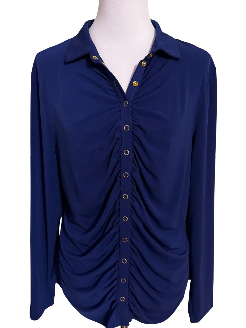 Navy Ruched Button-Front Long Sleeve Top